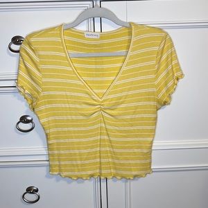 Yellow & White Striped V-Neck Crop Top with Lettuce Hem